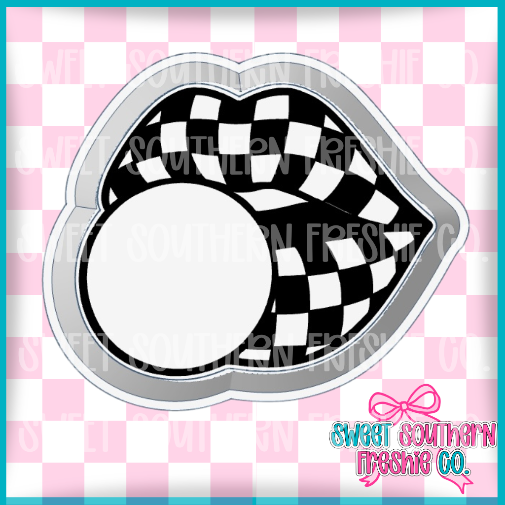 Checkered Lips Blowing Bubble