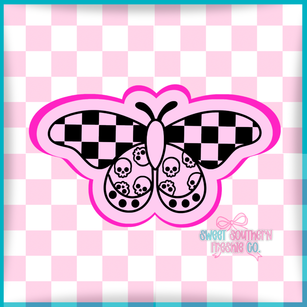 Checkered moth with skulls