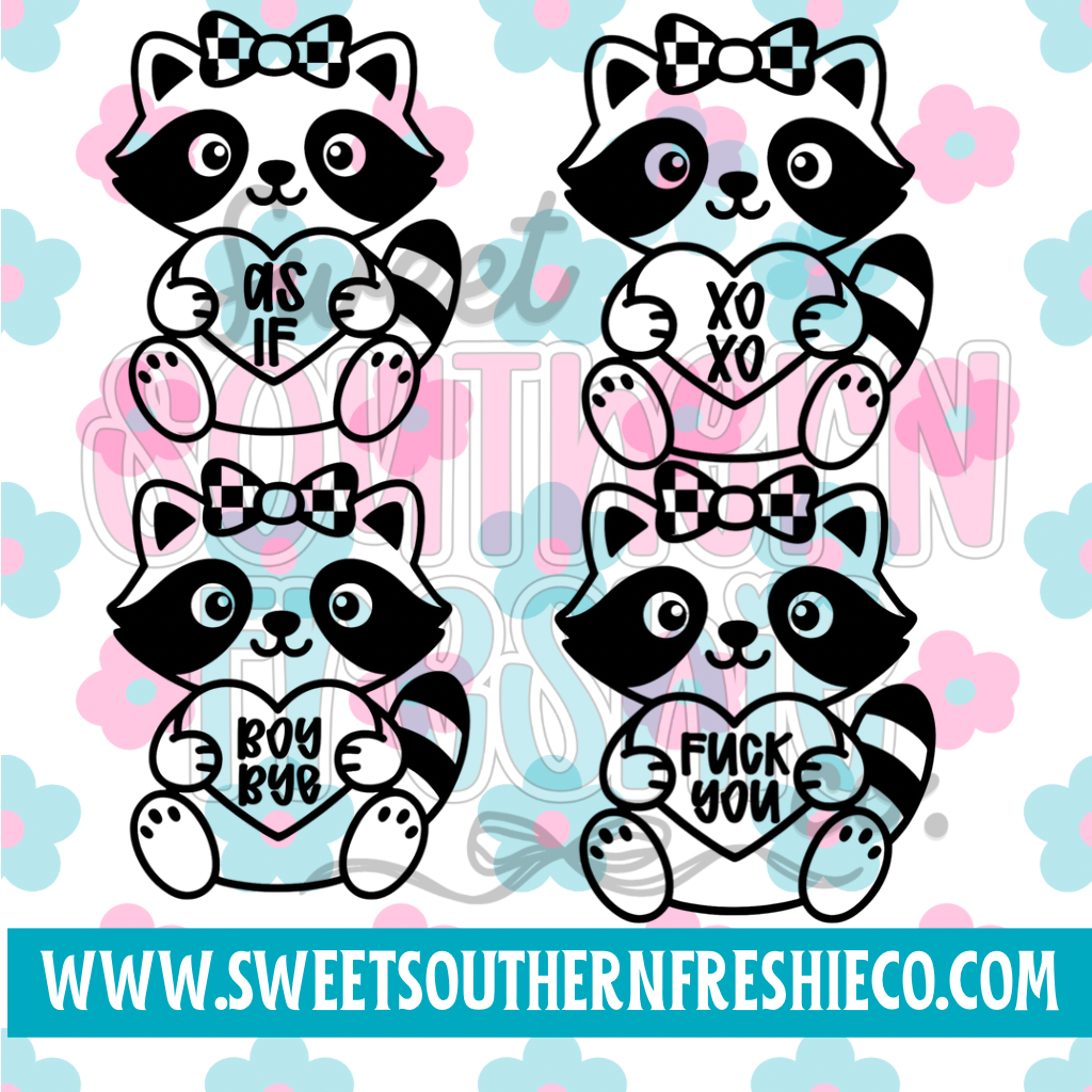 Racoon with conversation hearts