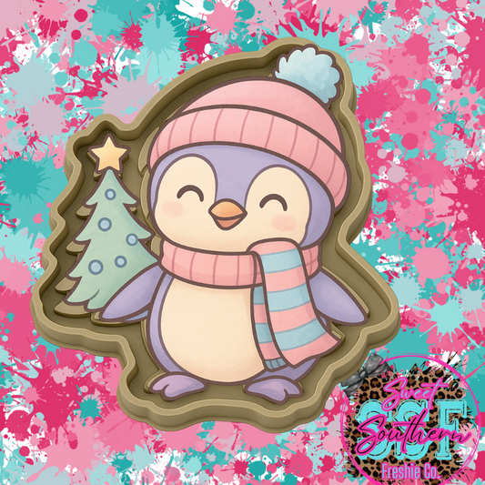 Winter penguin with Christmas tree