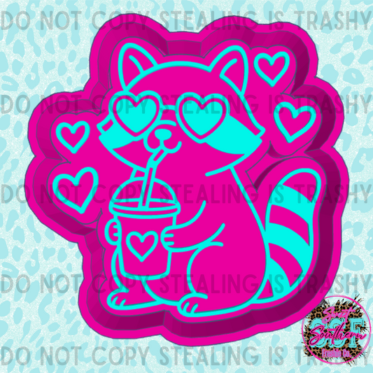 Racoon with hearts and cup