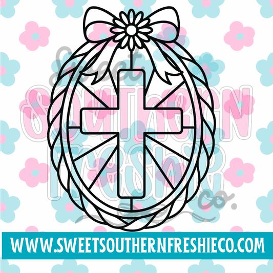 Woven frame with cross and bow