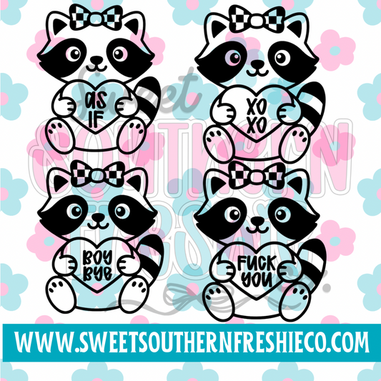 Racoon with conversation hearts